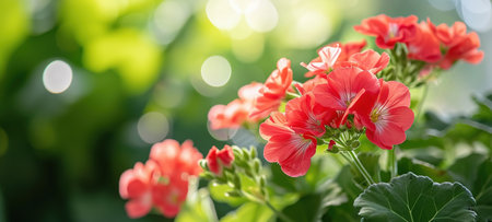 Bright red geranium flowers in full bloom with a blurred green backgroundの素材