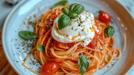 Fresh burrata cheese atop spaghetti with cherry tomatoes and basil on white plateの素材