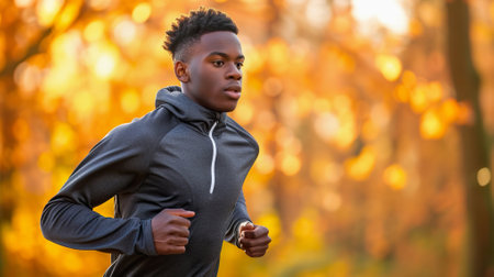 Focused young black man in a gray hoodie jogging in a parkの素材