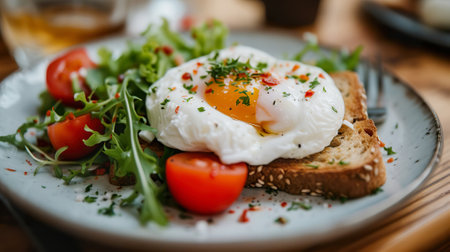 Breakfast plate with poached egg on wholegrain toast with fresh arugula and cherry tomatoesの素材