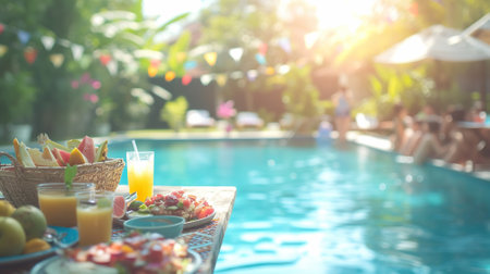 Summer pool party, fresh fruits and beverages and people enjoying the water in a sunlit gardenの素材