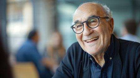 cheerful elderly man at business meeting in modern office environment with colleaguesの素材