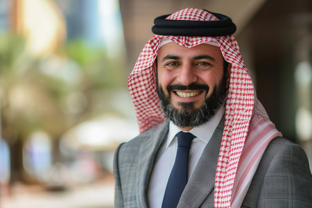 Middle-aged Arab businessman wearing traditional attire, urban settingの素材