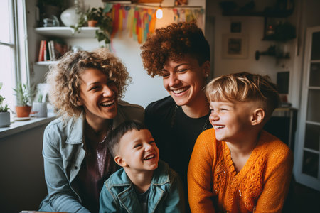 Lgbtqia family laughing together in a cozy homeの素材