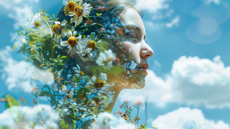 Ethereal double exposure of young woman, flowers and blue skyの素材