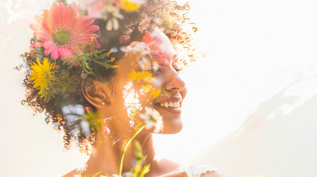 double exposure of young woman and summer flowers, white background, copy spaceの素材
