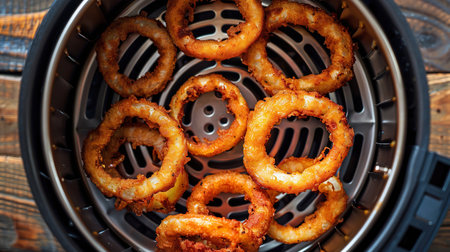 Golden brown onion rings cooked in an air fryer on a dark textured surfaceの素材