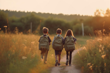 Three children with backpacks walking on rural path in countryside after school, back viewの素材