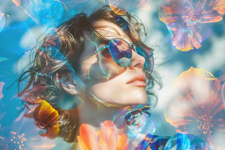 Creative double exposure cummer portrait of a Gen Z girl with flowerの素材