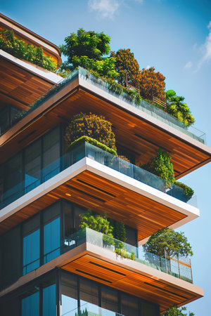 Urban residential building with balconies full of green plantsの素材