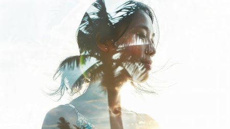 double exposure of young woman and palm tree, white background, copy spaceの素材