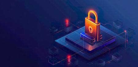 Cybersecurity service concept. Lock secured on a blockの素材