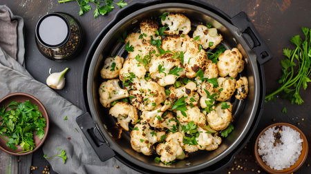 cauliflower cooked in an air fryer, showcasing a healthy, crispy snackの素材