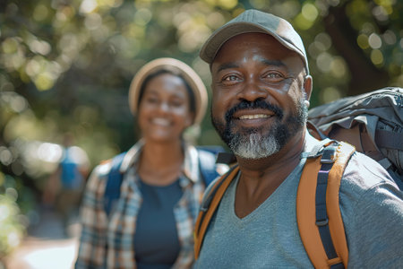 Happy Multiracial Couple Hiking in Nature. Middle Aged Adventure.の素材
