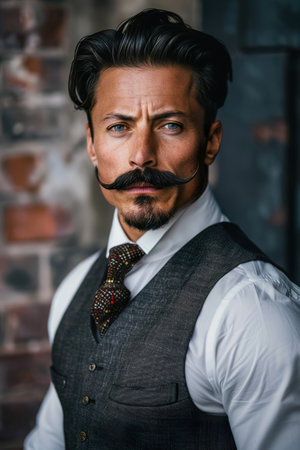 Sophisticated Man with Modern Mustache in Stylish Attire for Urban Fashion.の素材