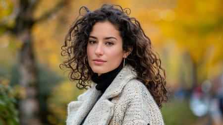 Young Hispanic Woman with Curly Hair Standing on Autumn Street.の素材