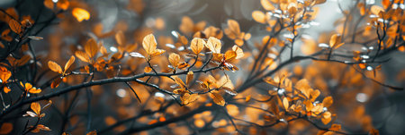 Autumn Tree Branches with Dry Yellow Leaves on Moody Day.の素材