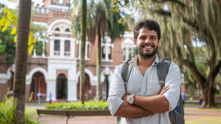 35 yrs old Brazilian Man with Backpack in Front of Historic Building, University or Travel Conceptの素材