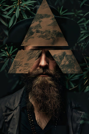 Artistic portrait of bearded man wearing a hat and a geometric pyramid shaped maskの素材