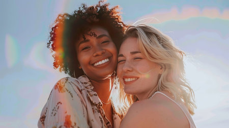Happy Multiracial Lesbian Couple Embracing Under Rainbow Sunlight outdoorsの素材