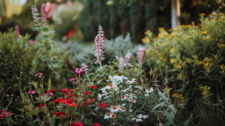Vibrant Plant Diversity in Summer Garden with Colorful Flowers and Foliage.の素材