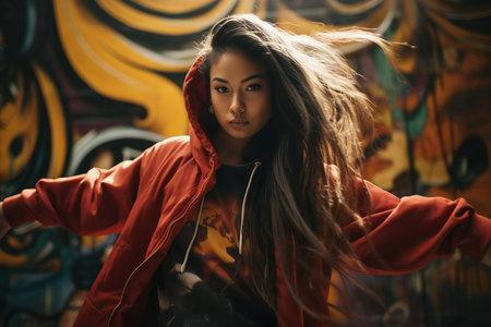Gen Z woman in vibrant hoodie performs hip hop dance against colorful graffiti backgroundの素材