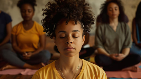 Diverse group of women meditating together, with one woman deeply focused in the foregroundの素材
