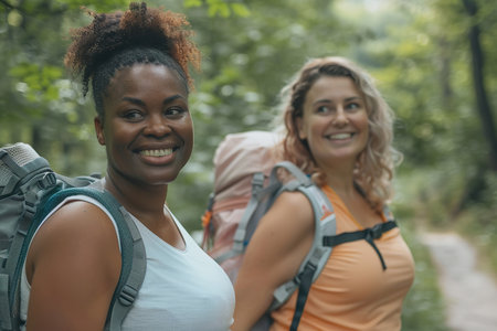 Multiracial Middle Aged Women Hiking on Nature Trail.の素材