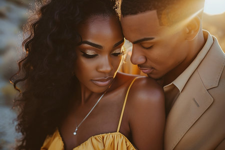 Romantic Black Couple Embracing in Sunlight. Outdoor portrait.の素材