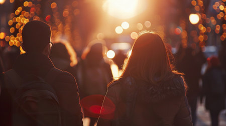 Couple Strolling Through City Street at Sunset With Festive Lights.の素材