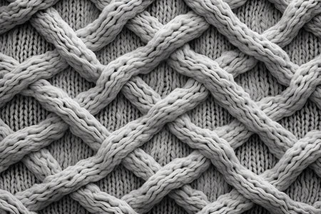 Close up of a detailed, intertwined knitted pattern in monochrome white and gray tones.の素材
