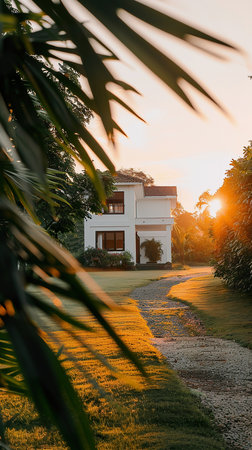 Sunlit Modern House with Lush Greenery and Serene Pathway.の素材
