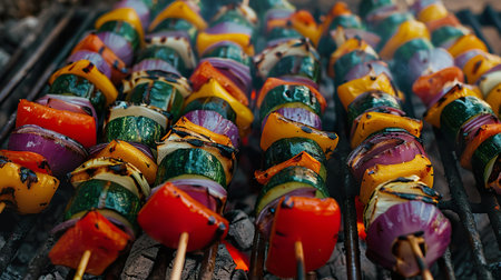 Grilled Vegetable Skewers on Outdoor Barbecue for Summer Picnics and BBQ Partiesの素材