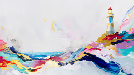 abstract oil painting of lighthouse with bold strokes of blue, gold and white reflecting in waterの素材