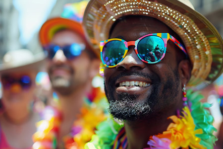 Celebrating Pride Joyful Black Male Couple at a Vibrant Festival.の素材