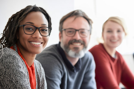 Team members engage happily in collaborative office environmentの素材