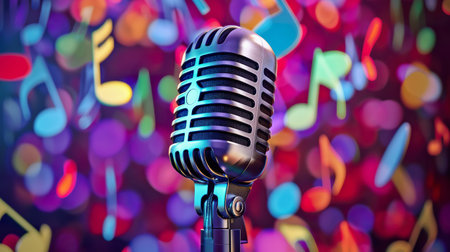 Vibrant microphone background for singing competition concept, copy space.の素材