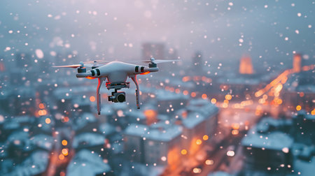 Drone flying over snowy city at dusk, urban landscape during twilight.の素材
