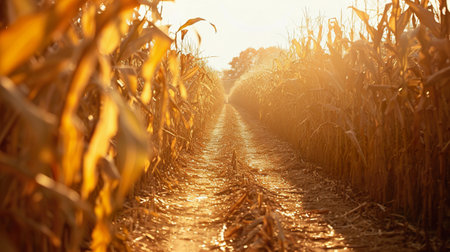 Entrance to corn maze, path surrounded by golden corn stalks at sunset.の素材