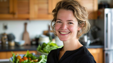 Woman smiling in a kitchen holding fresh vegetables, with wooden cabinets in the backgroundの素材