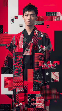 Modern Fashion Collage of a man in Traditional Japanese Kimono.の素材