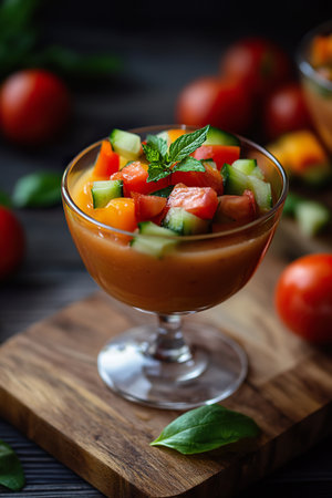 Chilled gazpacho topped with diced vegetables and mint in a glass bowlの素材