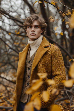Caucasian male model in cozy autumn fashion surrounded by fall foliage.の素材