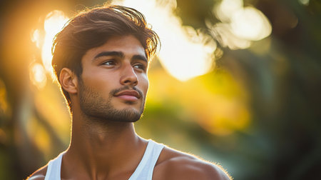 Handsome Puerto Rican man enjoying the outdoors during sunset.の素材