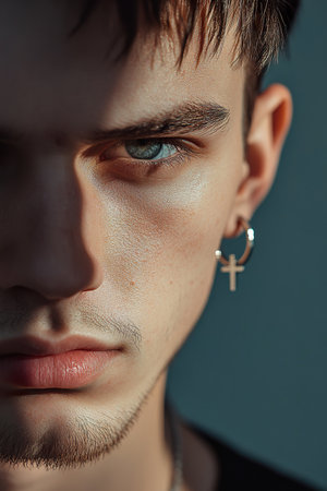 Close up of a Caucasian man with a cross hoop earring in soft lightの素材