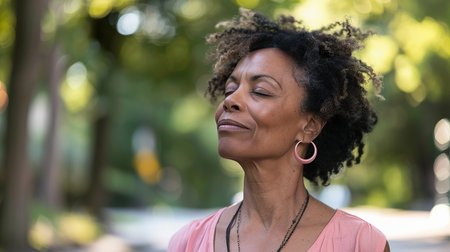 Mature black woman enjoying a moment of peace while standing on a summer streetの素材