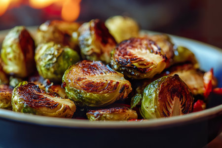 Roasted Brussels sprouts in a bowl with a soft blurred backgroundの素材