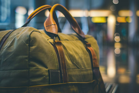 Closeup of a duffel bag with a blurred background at a busy travel location.の素材