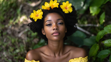 Bahamian woman outdoors wearing flowers in her hair enjoying nature.の素材