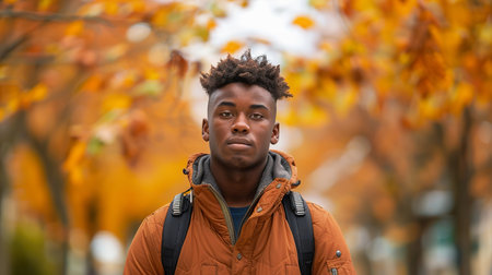 A young man looks serious while standing on a street surrounded by autumn leavesの素材
